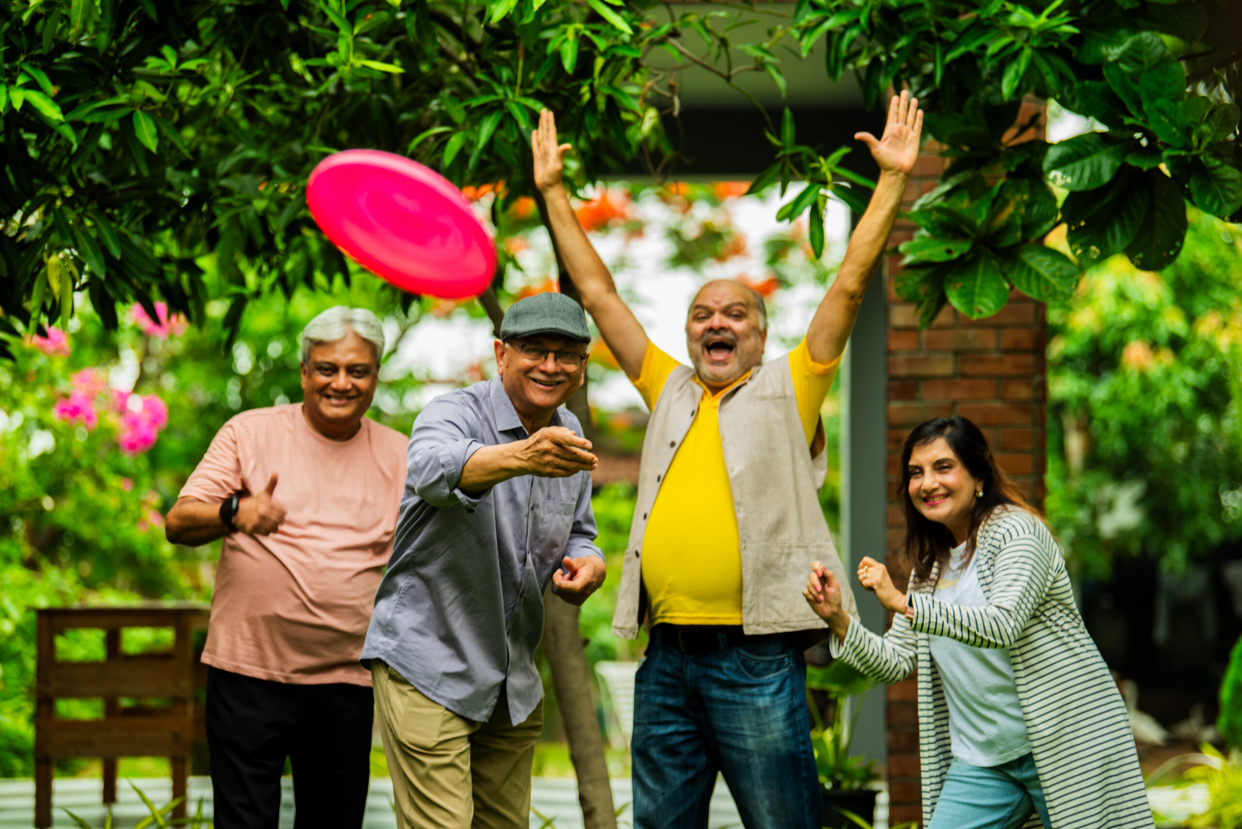 Senior friends enjoying throwing frisbee in garden during reunion, smiling and playing together Image